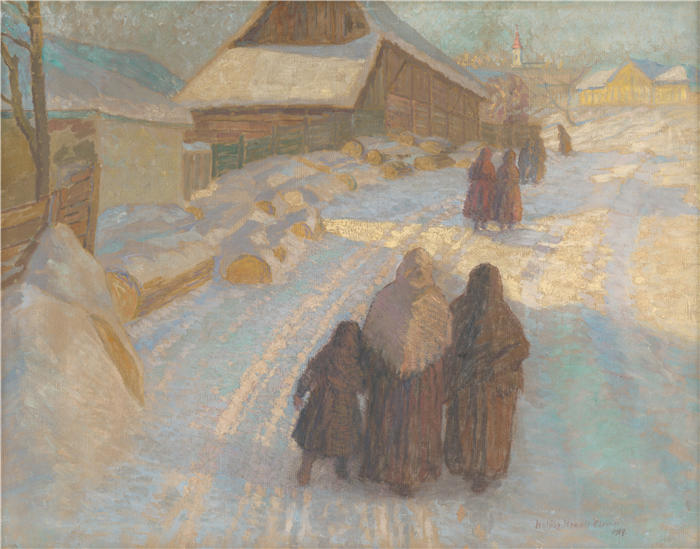 埃莱米尔·哈拉斯-赫拉迪尔（Elemír Halász-Hradil，捷克画家）高清作品-《村里的冬天 (1909)》