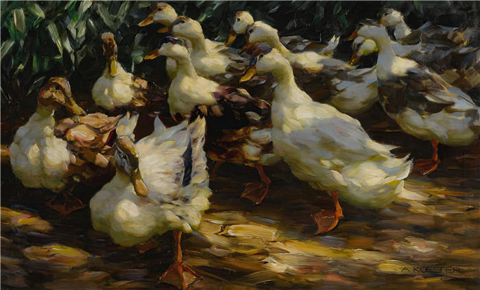 亚历山大·科斯特（Alexander Koester，德国画家）高清作品-《阳光下的鸭子》
