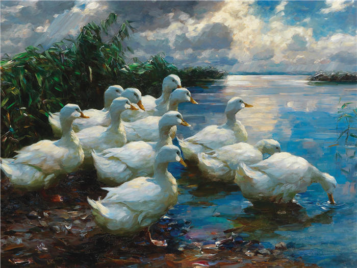 亚历山大·科斯特(Alexander Koester,德国画家)高清作品-《湖边的鸭子 (1)》