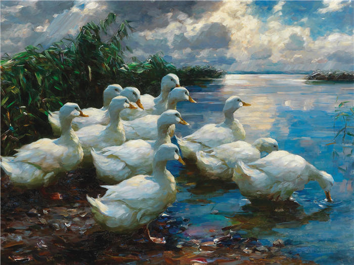 亚历山大·科斯特（Alexander Koester，德国画家）高清作品-《湖边的鸭子》