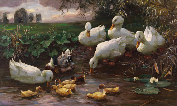 亚历山大·科斯特(Alexander Koester,德国画家)高清作品-《湖岸上有鸭子(约1905-1910年)》