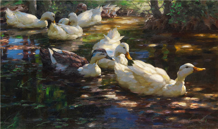 亚历山大·科斯特（Alexander Koester，德国画家）高清作品-《林荫池塘里的七只鸭子（1910）》