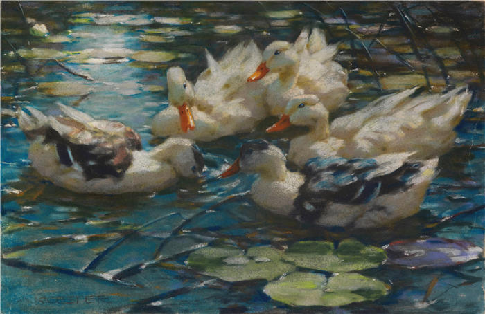 亚历山大·科斯特(Alexander Koester,德国画家)高清作品-《蓝色睡莲中的五只彩色鸭子(1909)》