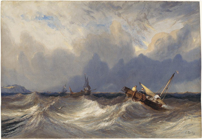 尤金·伊莎贝（Eugène Isabey,法国画家）高清作品-《暴风雨前抛锚的渔船（约 1840 年）》