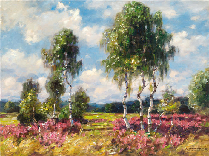 亚历山大·科斯特（Alexander Koester，德国画家）高清作品-《荒地景观中的桦树，维克特林（克恩顿州）（1908 年）》