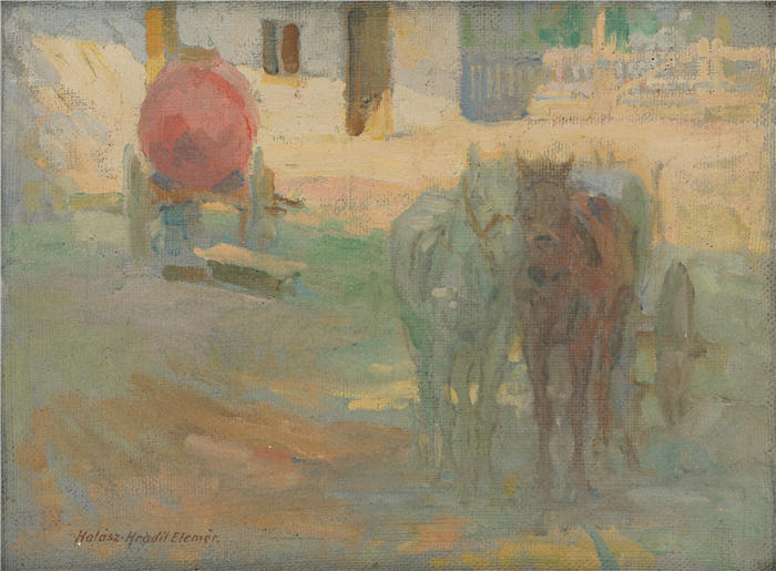 埃莱米尔·哈拉斯-赫拉迪尔（Elemír Halász-Hradil，捷克画家）高清作品-《带轭马的农场 (1908)》