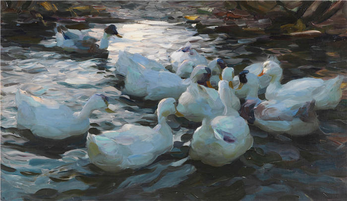 亚历山大·科斯特（Alexander Koester，德国画家）高清作品-《水中的十一只鸭子（约1915-1932年）》