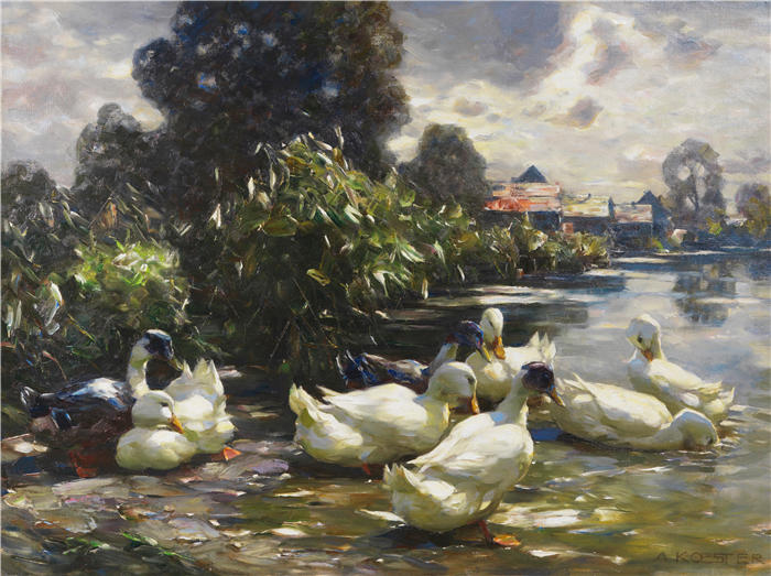 亚历山大·科斯特（Alexander Koester，德国画家）高清作品-《水边八只鸭子》（1915-1920）