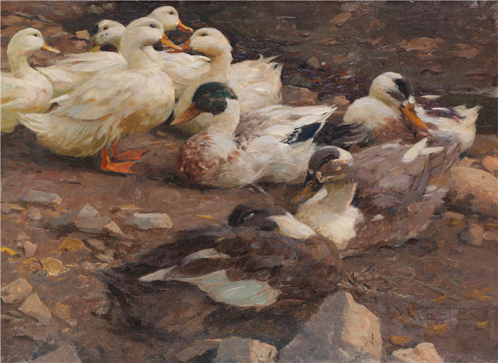 亚历山大·科斯特（Alexander Koester，德国画家）高清作品-《池塘边的九只鸭子（1900）》