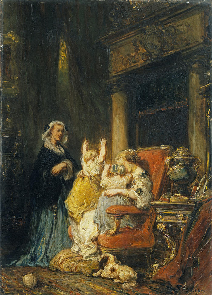 尤金·伊莎贝（Eugène Isabey,法国画家）高清作品-《年轻的母亲 (1852)》