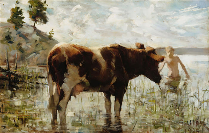 阿克塞利·加伦-卡莱拉（Akseli Gallen-Kallela，芬兰画家）高清作品-《牛和男孩，1885 (1907)》