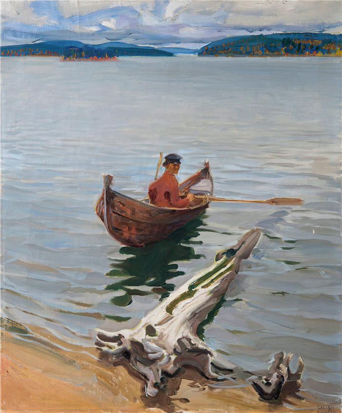 阿克塞利·加伦-卡莱拉(Akseli Gallen-Kallela,芬兰画家)高清作品-《湖上的划船者(1916 年)》