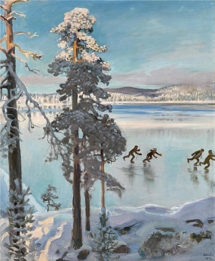 阿克塞利·加伦-卡莱拉（Akseli Gallen-Kallela，芬兰画家）高清作品-《Ruovesi 湖上的溜冰者（1896 年）》
