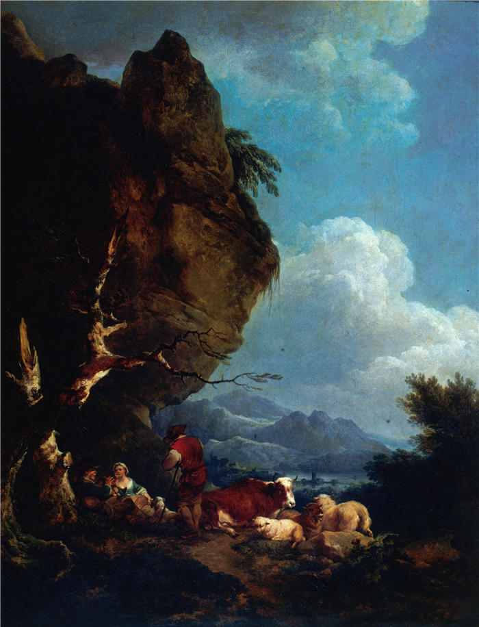 菲利普·雅克·路德堡(Philippe Jacques de Loutherbourg,法国画家)作品-《Paysage animé de bergers (1780)》