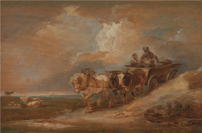 菲利普·雅克·路德堡（Philippe Jacques de Loutherbourg,法国画家）作品-《风景与马和牛车（1770 年至 1780 年）》