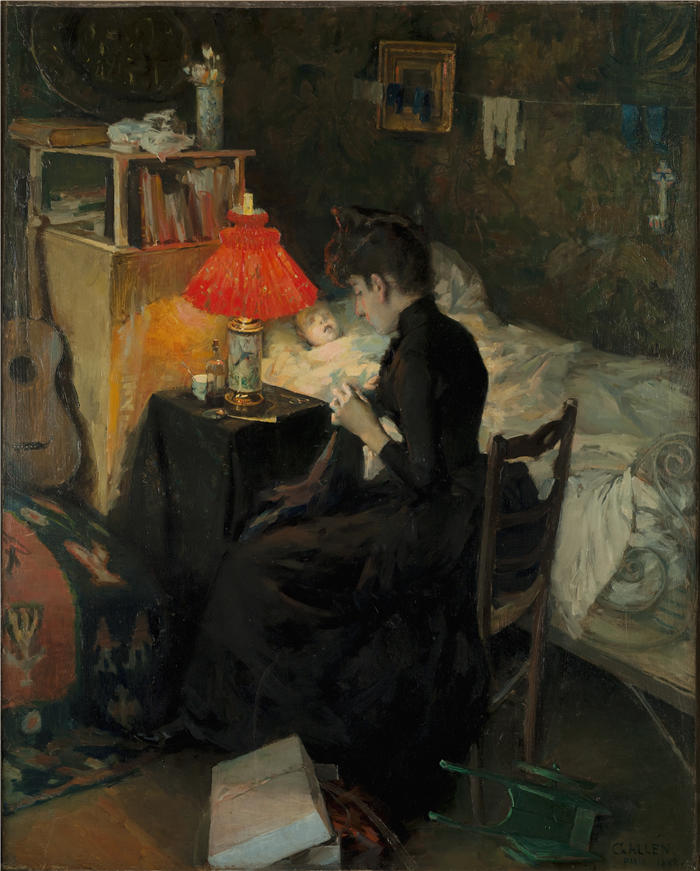 阿克塞利·加伦-卡莱拉（Akseli Gallen-Kallela，芬兰画家）高清作品-《带着生病孩子的母亲（1888 年）》