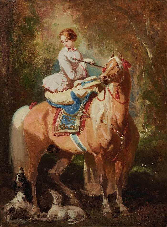 阿尔弗雷德·德德勒（Alfred De Dreux，法国）作品-金发女看两条狗和一匹马