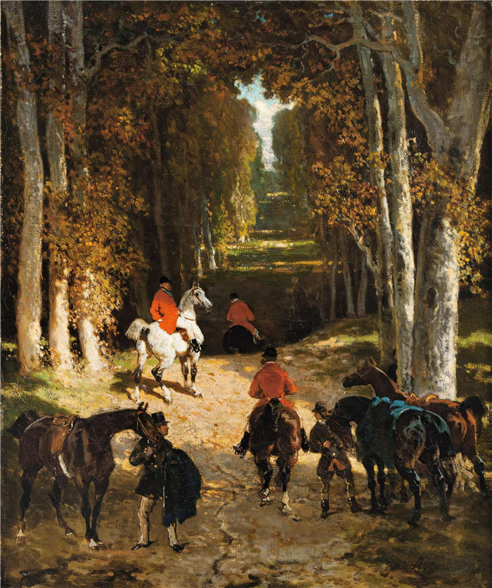阿尔弗雷德·德德勒（Alfred De Dreux，法国）作品-出发前在胡同里打猎