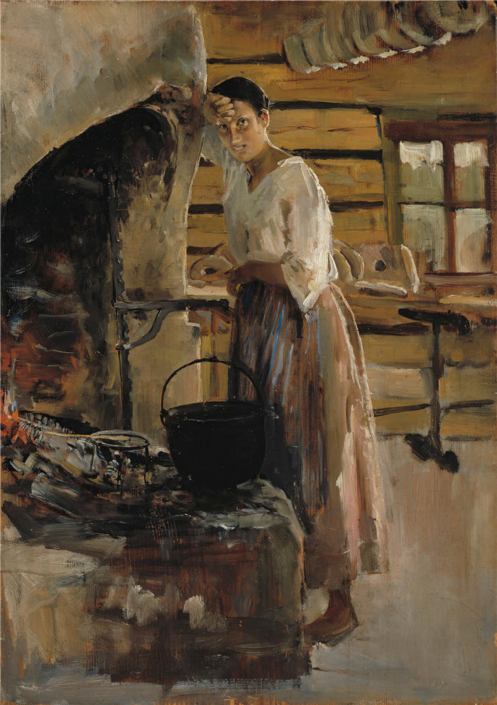 阿克塞利·加伦-卡莱拉（Akseli Gallen-Kallela，芬兰画家）高清作品-《烹饪白鱼的女人（1886 年）》