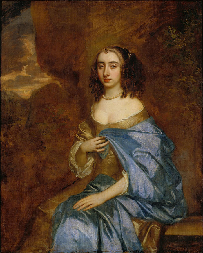 彼得·莱利（Peter Lely，荷兰画家）高清作品-《一位戴着蓝色窗帘的女士的肖像（约 1660 年）》
