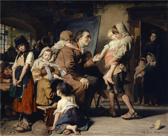 康拉德·格罗布（Konrad Grob，瑞士，1828 – 1904 年）作品-裴斯泰洛齐与斯坦斯的孤儿（1879）