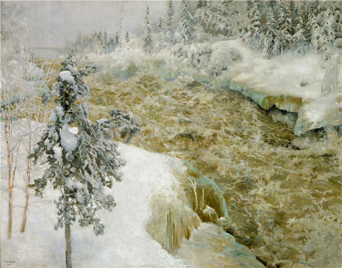阿克塞利·加伦-卡莱拉（Akseli Gallen-Kallela，芬兰画家）高清作品-《雪中​​的伊马特拉瀑布；冬天的伊马特拉 (1893)》