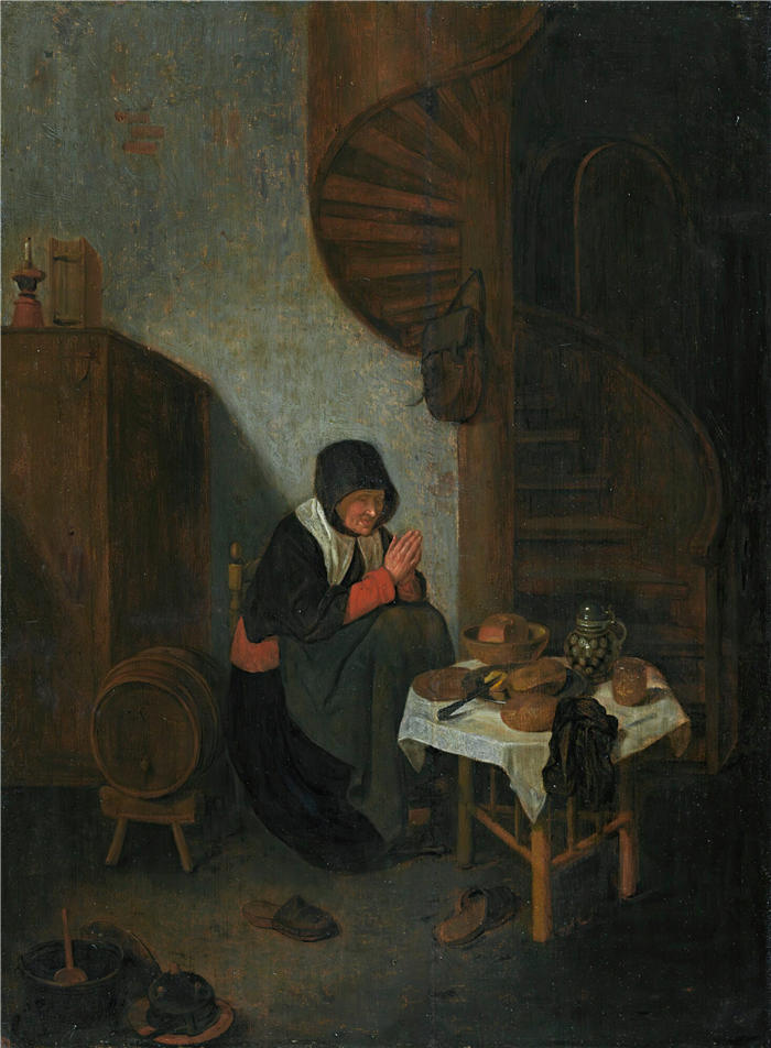 奎里恩·范·布雷克伦卡姆（Quirijn Van Brekelenkam，荷兰画家，1622-1669）作品-《一位在室内的老妇人在饭前说恩典》