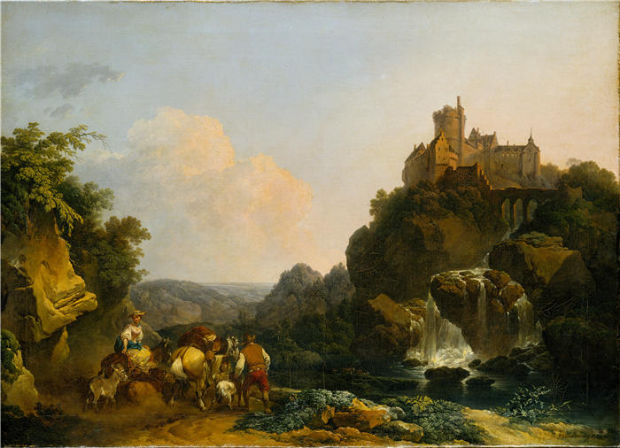 菲利普·雅克·路德堡（Philippe Jacques de Loutherbourg,法国画家）作品-《瀑布、城堡和农民的风景（1767 年）》