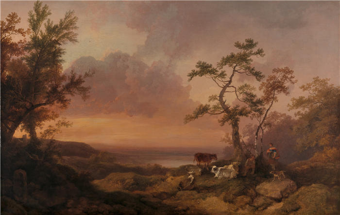 菲利普·雅克·路德堡（Philippe Jacques de Loutherbourg,法国画家）作品-《与牛和农民的风景（1781）》