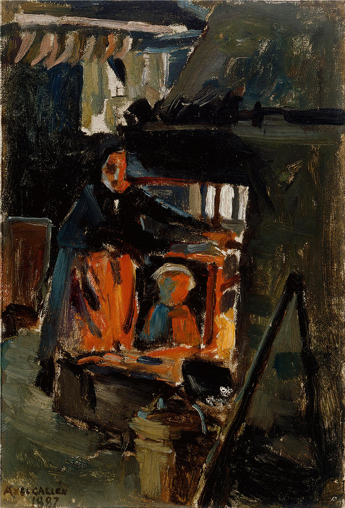 阿克塞利·加伦-卡莱拉(Akseli Gallen-Kallela,芬兰画家)高清作品-《在炉子前,在客厅里(1887 年)》