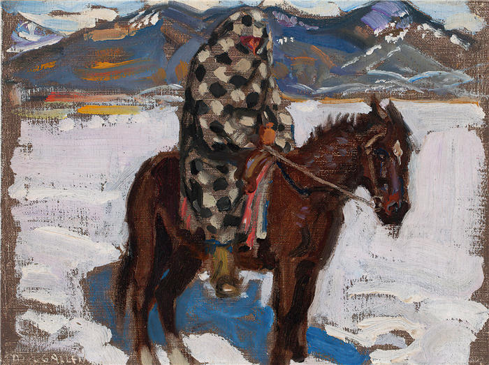 阿克塞利·加伦-卡莱拉（Akseli Gallen-Kallela，芬兰画家）高清作品-《雪中​​骑马的印第安人 (1925)》