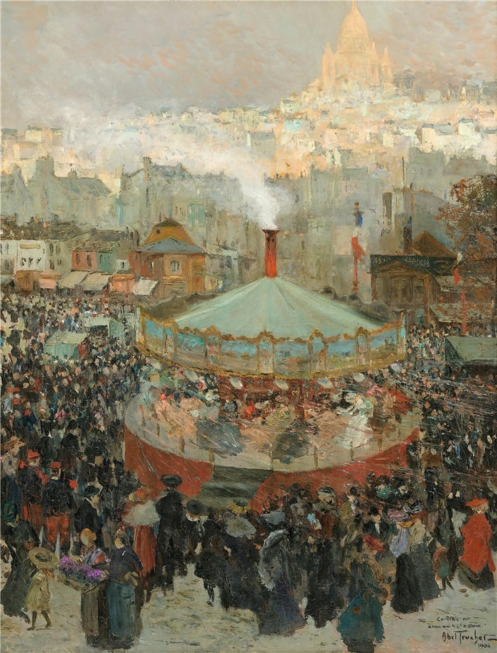 路易斯·阿贝尔-特鲁谢（Louis Abel-Truchet，法国画家）高清作品-《以圣心大教堂为背景的游乐场（1904 年）》