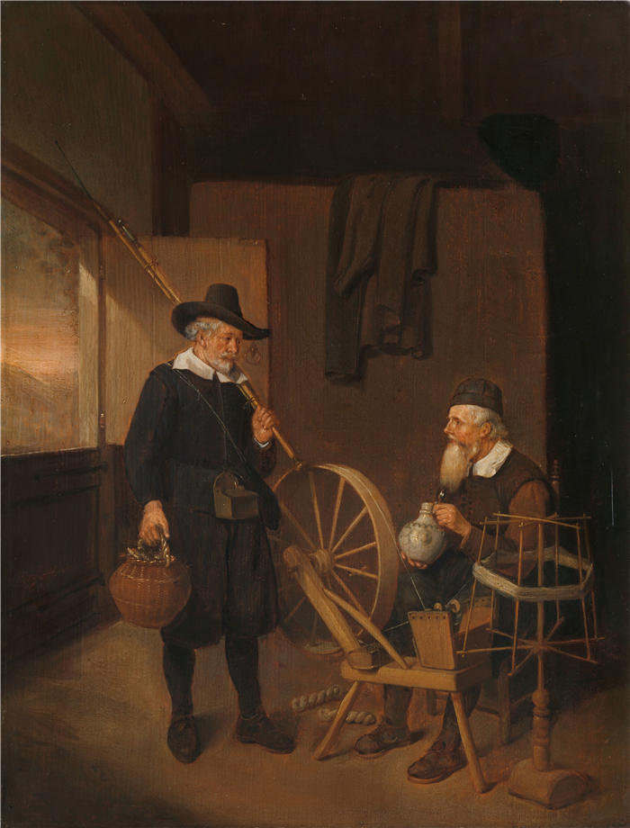 奎里恩·范·布雷克伦卡姆（Quirijn Van Brekelenkam，荷兰画家，1622-1669）作品-《内部与渔夫和人在线轴和线轴旁边（1663 年）》