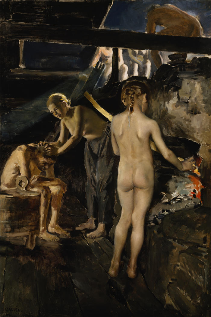 阿克塞利·加伦-卡莱拉（Akseli Gallen-Kallela，芬兰画家）高清作品-《在桑拿浴室 (1889)》