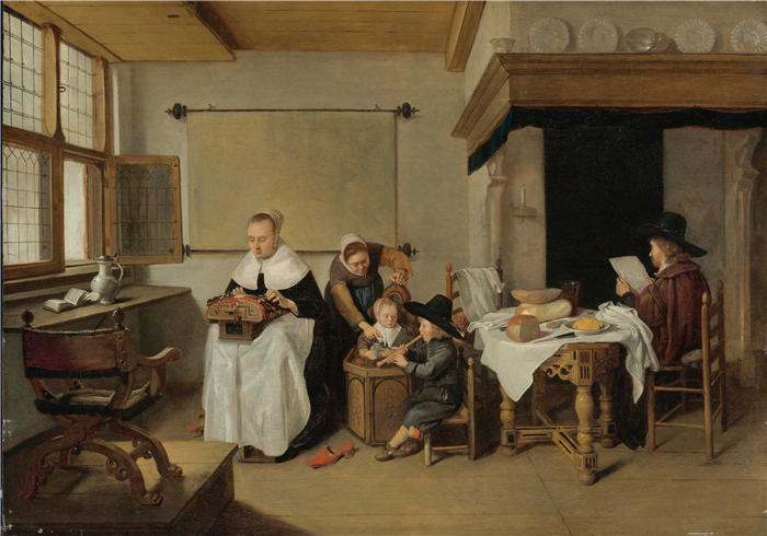 奎里恩·范·布雷克伦卡姆（Quirijn Van Brekelenkam，荷兰画家，1622-1669）作品-《有家庭的家庭内部》