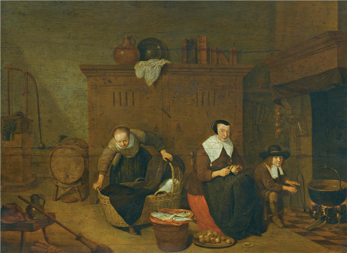 奎里恩·范·布雷克伦卡姆(Quirijn Van Brekelenkam,荷兰画家,1622-1669)作品-《一个女人剥萝卜的室内》