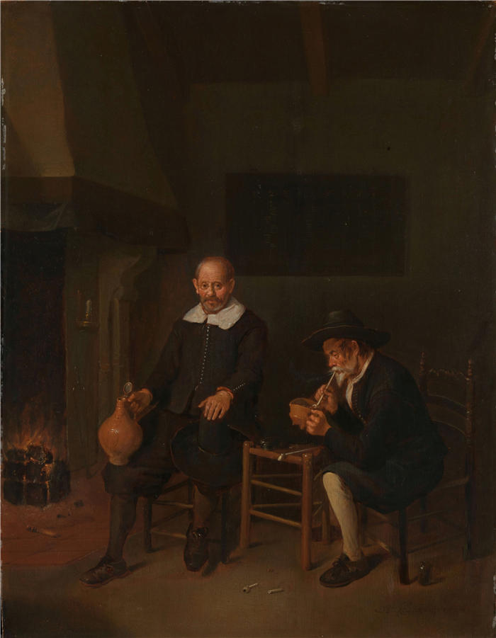 奎里恩·范·布雷克伦卡姆（Quirijn Van Brekelenkam，荷兰画家，1622-1669）作品-《炉边有两个人的室内 (1664)》
