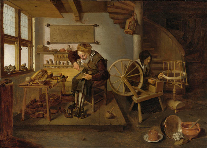 奎里恩·范·布雷克伦卡姆（Quirijn Van Brekelenkam，荷兰画家，1622-1669）作品-《一个鞋匠在工作，他的妻子纺羊毛（1653）》