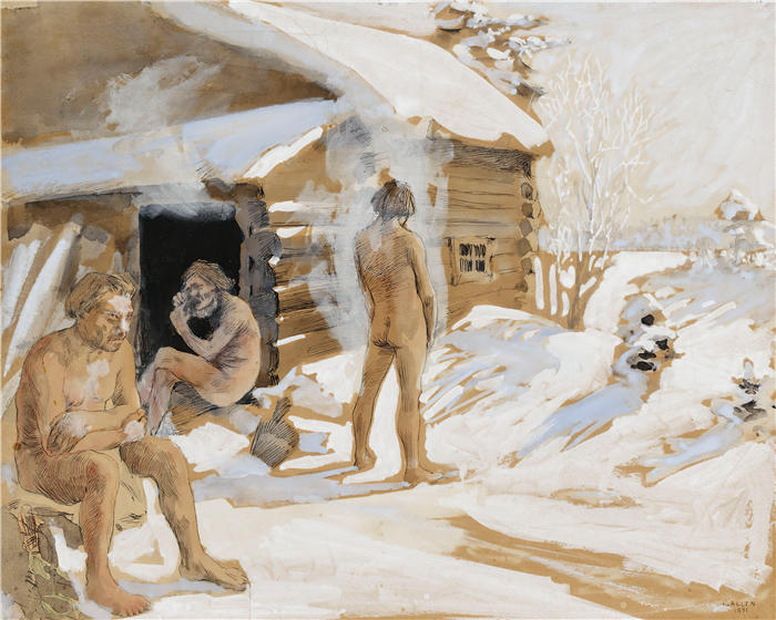 阿克塞利·加伦-卡莱拉（Akseli Gallen-Kallela，芬兰画家）高清作品-《桑拿外 (1891)》
