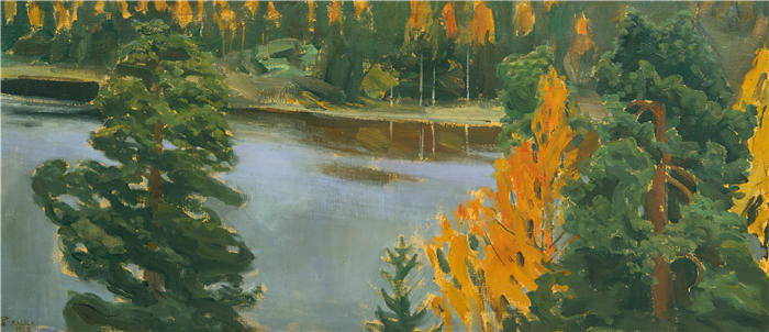 阿克塞利·加伦-卡莱拉（Akseli Gallen-Kallela，芬兰画家）高清作品-《秋天的湖景 (1905)》
