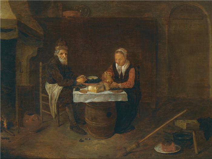 奎里恩·范·布雷克伦卡姆（Quirijn Van Brekelenkam，荷兰画家，1622-1669）作品-《简朴的室内，一对老年夫妇坐在桌旁，吃着贻贝和面包》