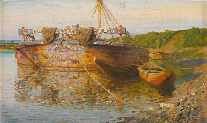 瓦西里·德米特里耶维奇·波列诺夫（Vasily Dmitrievich Polenov，俄罗斯，1844 – 1927 年）作品-奥卡河上的驳船 (1897)
