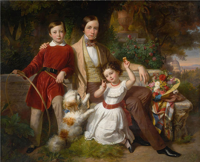 卡尔·冯·布拉斯（Karl von Blaas，奥地利画家）作品-瓦尔蒙顿王子与唐娜·格温达琳娜·多利亚·潘菲利和伯特伦·塔尔博特在别墅花园中（1851 年）