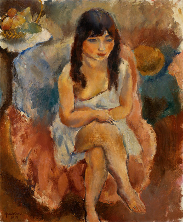 朱尔斯·帕辛（Jules Pascin，法国画家）高清作品-《坐姿（Jeune fille assise）（1914）》