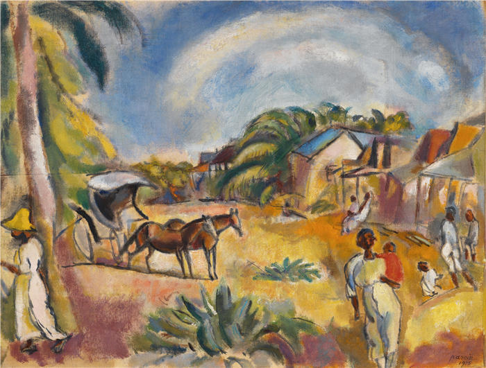 朱尔斯·帕辛（Jules Pascin，法国画家）高清作品-《风景与人物和马车（1915）》