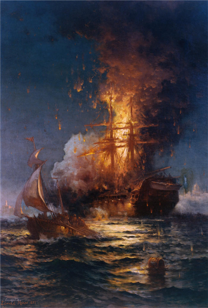 爱德华·莫兰（Edward Moran，美国画家）作品-费城护卫舰在的黎波里港燃烧（1897 年）