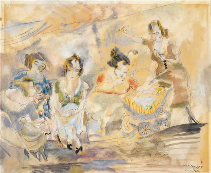 朱尔斯·帕辛（Jules Pascin，法国画家）高清作品-《推着婴儿车的女人 (1919)》