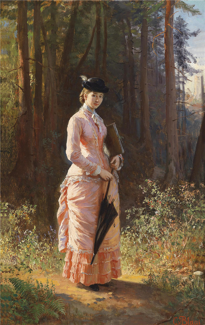 卡尔·冯·布拉斯（Karl von Blaas，奥地利画家）作品-带伞和画夹的女士