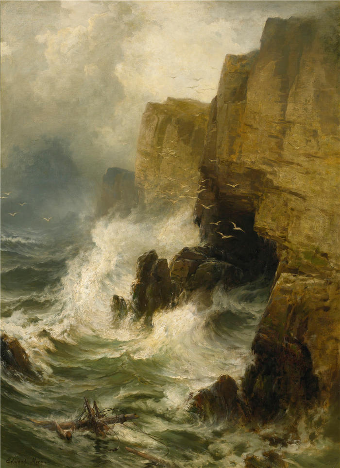 爱德华·莫兰（Edward Moran，美国画家）作品-暴风雨中的悬崖