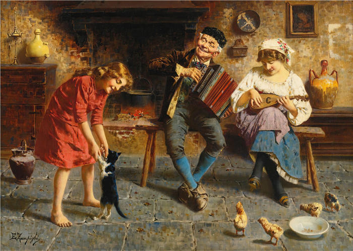 欧金尼奥·赞皮吉（Eugenio Zampighi，意大利画家）作品-《古老的旋律》